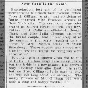 Peter J. Gilligan marries Frances Archer of New York City on Wed. Apr. 25, 1906.